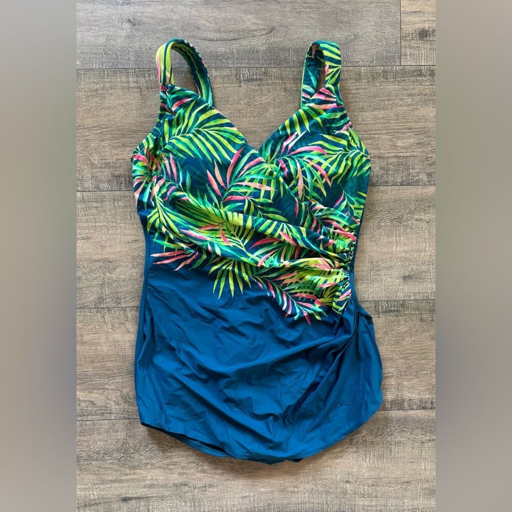 Lands' End Teal One-Piece Swimsuit with Green and Pink Tropical Print